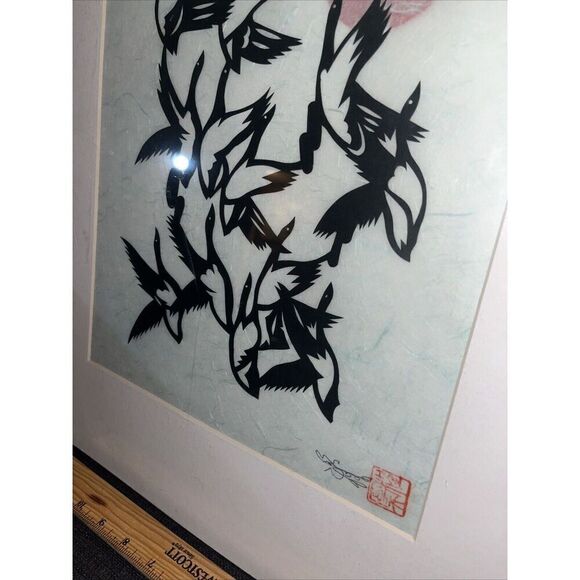 Signed & Matted Japanese Paper Cut Birds - Asian Influence - Red Dot Japan Flag - Picture 3 of 4